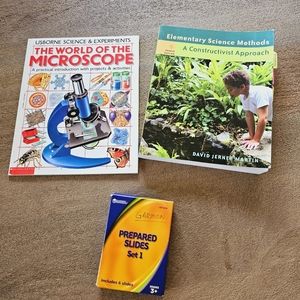 Bundle of Science books / microscope